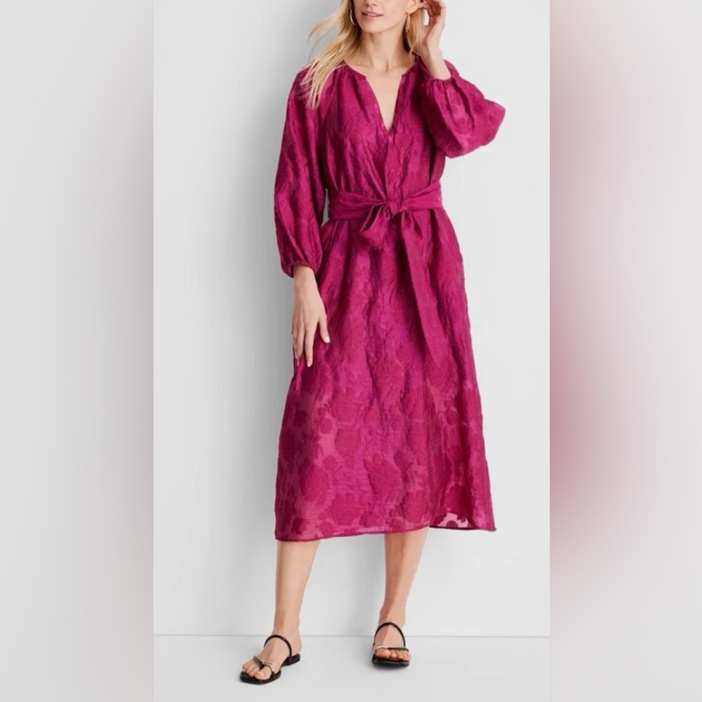 Future Collective by Jenny K Lopez hot pink v-neck belted pouf sleeve midi dress